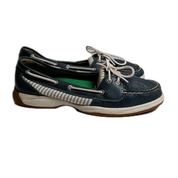Sperry Top-Sider Boat Shoes Leather Stripes Navy Blue Slip On 11 Nautical Prep - Picture 1 of 6